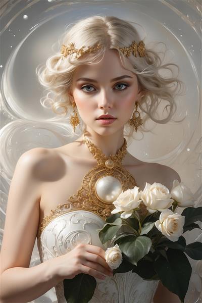 طرح دکوراتیو زن با گل رز سفید برای تابلو پذیرایی