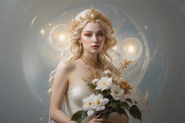 عکس ملکه فانتزی با تاج طلایی و گل برای تابلو دکوراتیو
