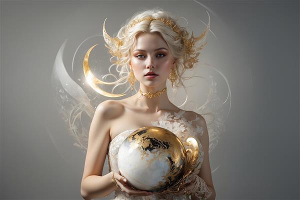 طرح رویایی دختر با سربند طلایی و موی بلوند با گوی درخشان