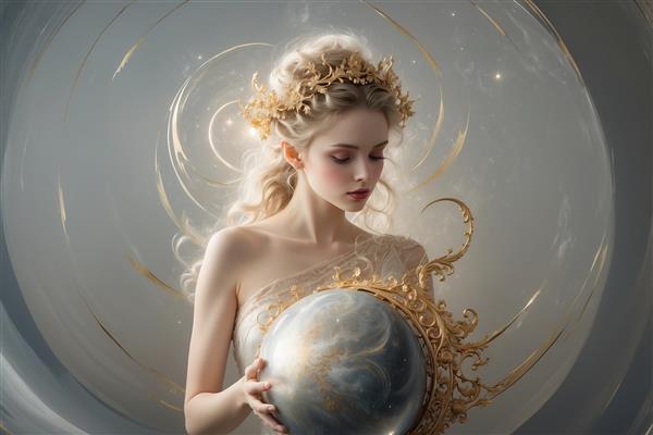 طرح رویایی دختر با سربند طلایی و گوی درخشان