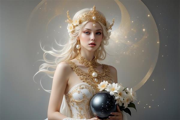 تصویر ملکه افسانه‌ای با لباس مروارید‌دوزی و گوی سیاه