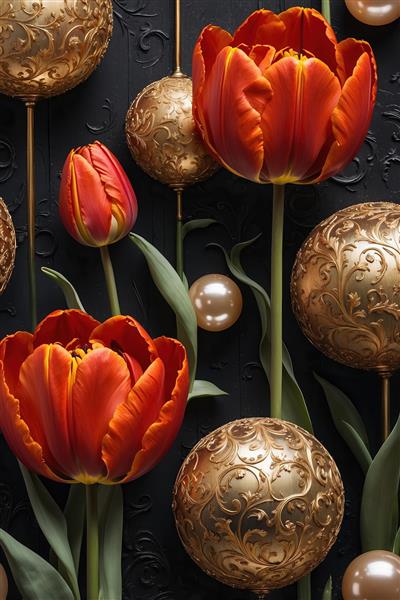 طرح عمودی لاله‌های واژگون و گوی‌های سنتی طلایی