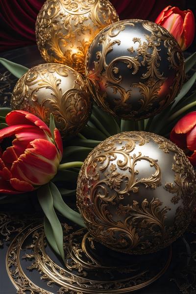 گوی‌های دکوراتیو حکاکی شده طلایی در کنار لاله سرخ
