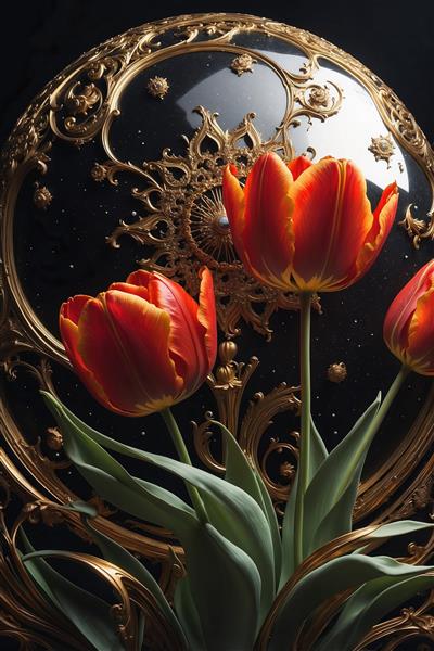 تصویر سه‌بعدی لاله قرمز و نقوش اسلیمی روی گوی سیاه