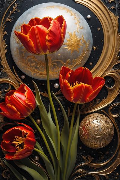 تصویر گل لاله سرخ و کره نقره‌ای برای پوستر لوکس