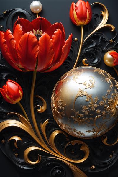 عکس لاله قرمز سه بعدی با مروارید برای تابلو مدرن