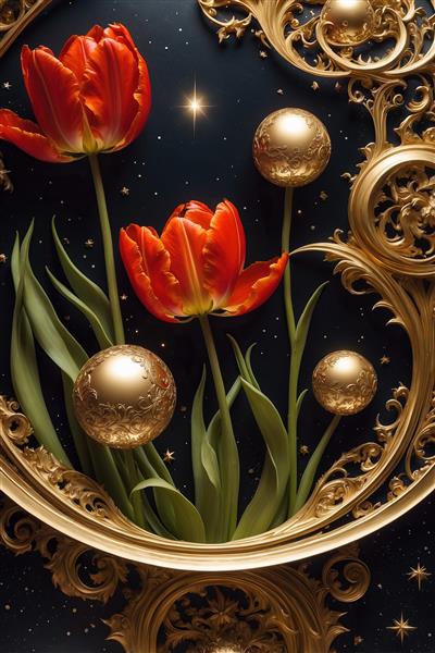 طرح فانتزی گل لاله و گوی طلایی برای اتاق خواب