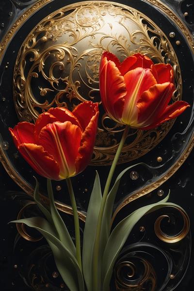 تصویر دکوراتیو گل لاله قرمز و نقوش اسلیمی طلایی