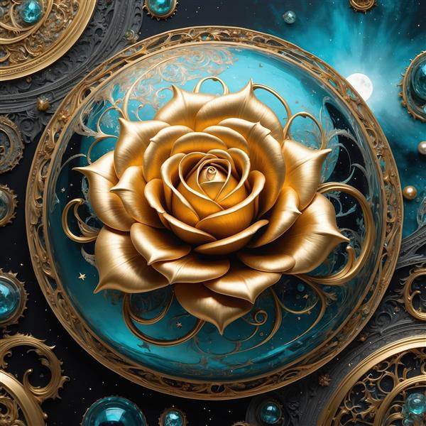عکس فانتزی رز طلایی در محاصره گوی‌های درخشان