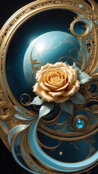 تصویر رز طلایی و سیاره آبی در قاب دکوراتیو