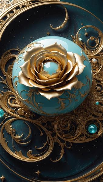 طرح گرافیکی رز طلایی روی گوی فیروزه‌ای صیقلی