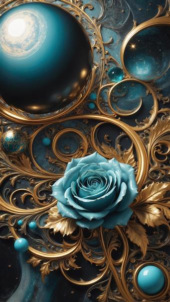تصویر ترکیبی رز آبی و المان‌های طلایی دکوراتیو