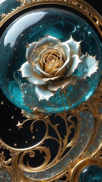عکس فانتزی رز طلایی در فضای رویایی و کهکشانی