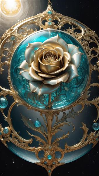 تصویر رز طلایی در حباب شیشه‌ای معلق برای تابلو