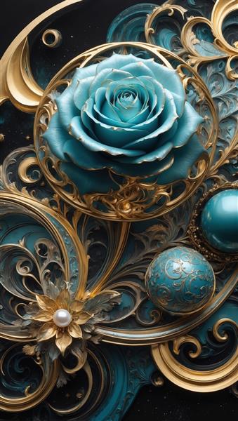 طرح دکوراتیو گل رز فیروزه‌ای و مروارید برای چاپ