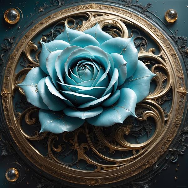 تصویر گل رز فیروزه‌ای با قاب اسلیمی برای دکوراسیون