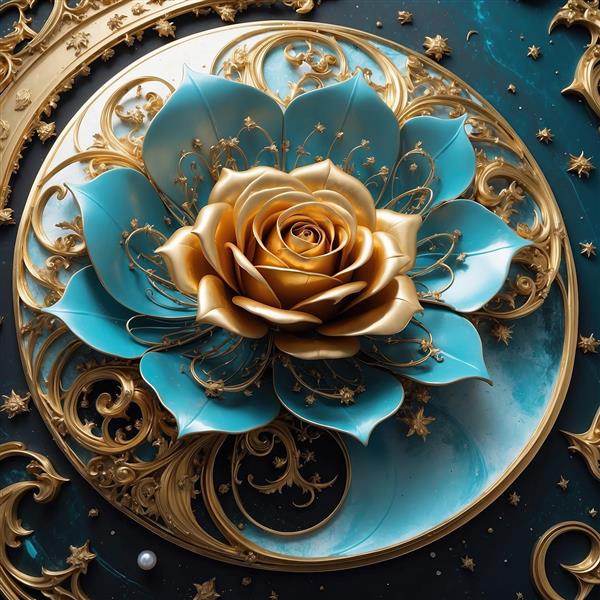 طرح ترکیبی رز طلایی و فیروزه‌ای برای تابلو لوکس