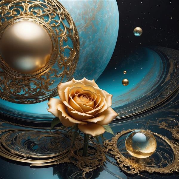 عکس گل رز طلایی در فضای کهکشانی برای پوستر