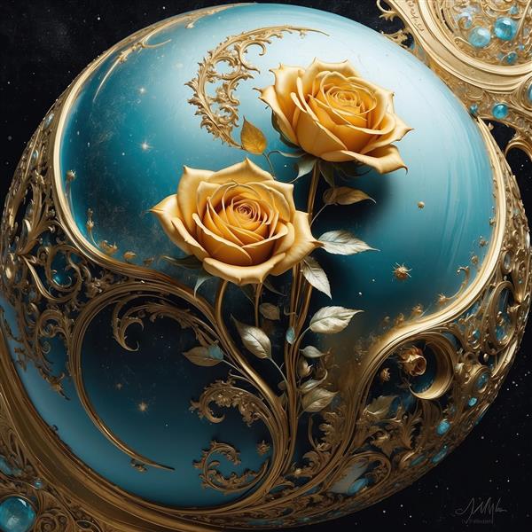 طرح دو گل رز طلایی فانتزی روی گوی آبی پوستر