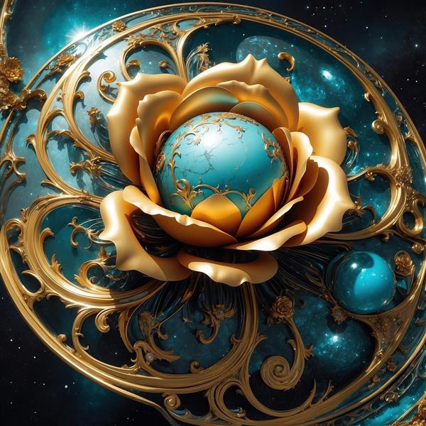 طرح فانتزی گل رز طلایی و کره فیروزه‌ای برای پوستر