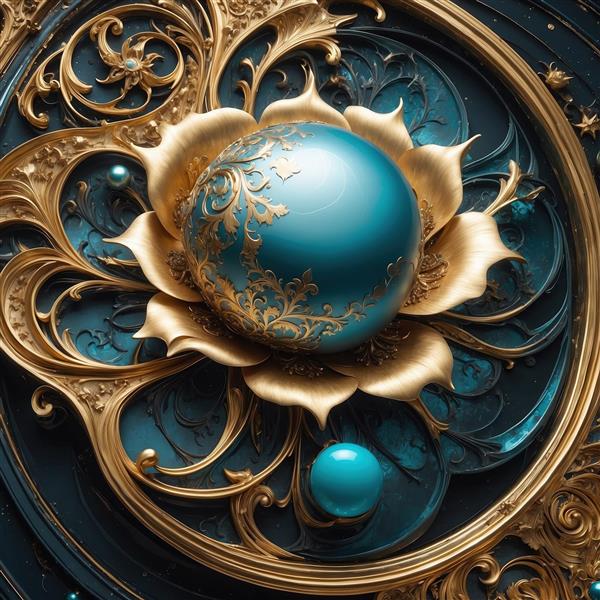 عکس گل لوتوس طلایی دکوراتیو با مرکز فیروزه‌ای باکیفیت