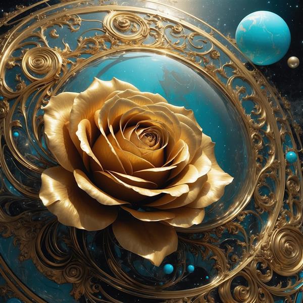 طرح گل رز طلایی فانتزی و گوی‌های آبی برای تابلو
