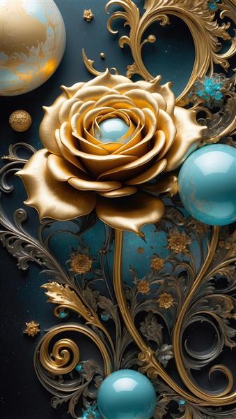 طرح دکوراتیو گل رز طلایی و مروارید فیروزه‌ای پوستر