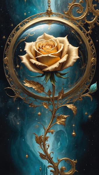 طرح تابلو دکوراتیو تک شاخه گل رز طلایی فانتزی