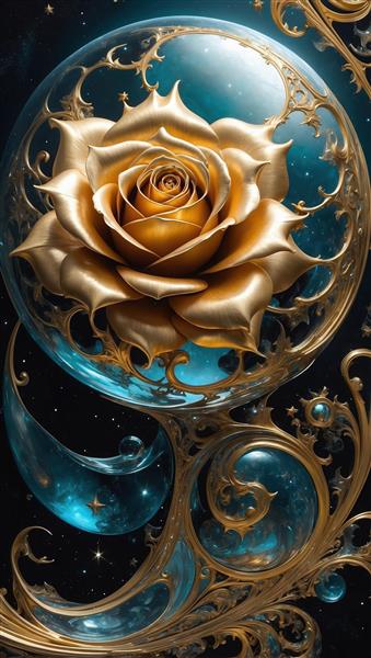 عکس گل رز طلایی در حباب کریستالی برای تابلو دکوراتیو