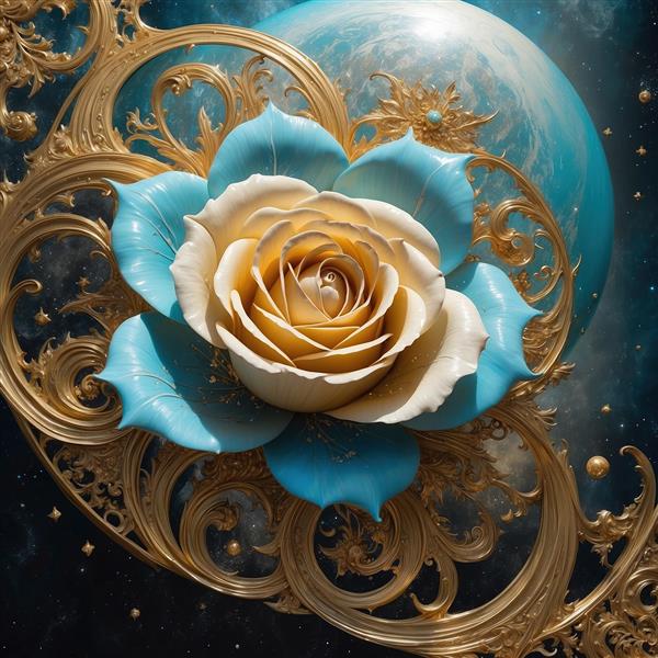 طرح گل رز کرم و آبی فانتزی برای چاپ پرده