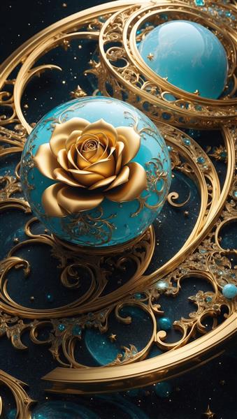 تصویر دکوراتیو گوی شیشه‌ای و گل رز طلایی باکیفیت