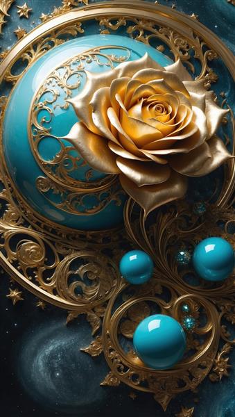 عکس فانتزی گل رز طلایی و گوی فیروزه‌ای پوستر دیواری