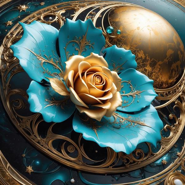 تصویر گل رز آبی و طلایی لوکس برای چاپ تابلو