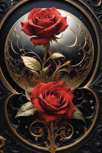 تصویر دو گل رز قرمز و ساقه‌های طلایی قرینه