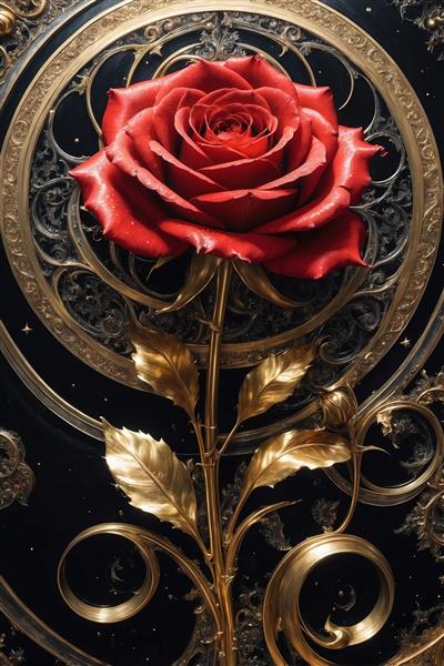 عکس باکیفیت رز قرمز و برگ‌های نقره‌ای طلایی