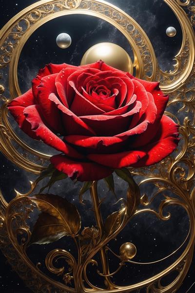 طرح رز قرمز و شاخه‌های طلایی برای تابلو پذیرایی