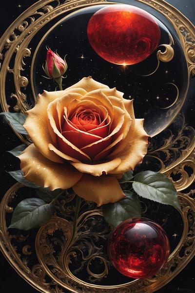 عکس رز قرمز بزرگ و گوی‌های نقره‌ای در فضا