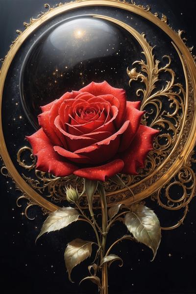 عکس رز قرمز دکوراتیو با خطوط اسلیمی طلایی پیچیده