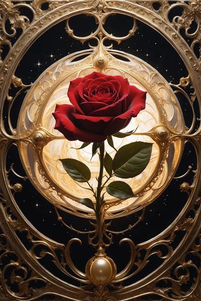 تصویر فانتزی رز قرمز زیر گنبد شیشه‌ای و ماه