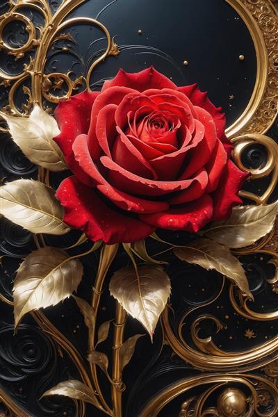 طرح تابلوی رز قرمز در مرکز دایره نورانی طلایی