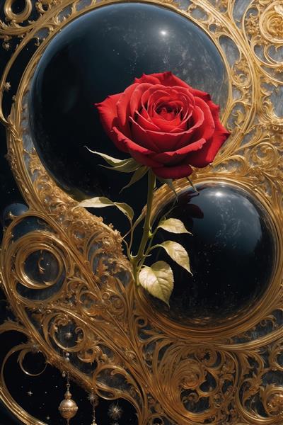 تصویر گل رز قرمز و گوی‌های مشکی برای چاپ