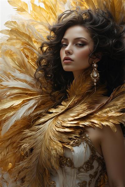 عکس فانتزی زن با لباس پر طلایی برای پوستر