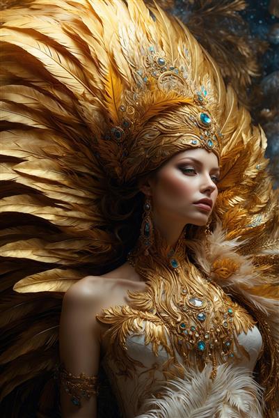 پرتره زن اشرافی با پرهای طلایی برای چاپ تابلو