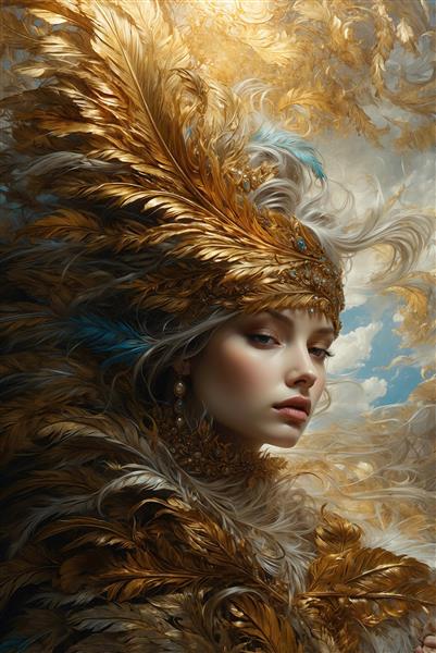 تصویر ملکه فانتزی با پرهای طلایی برای تابلو اتاق