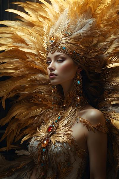 عکس زن با تاج پر طلایی فانتزی برای پوستر دیواری