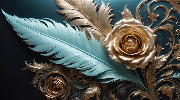 طرح پر و گل رز طلایی لوکس برای تابلو دیواری