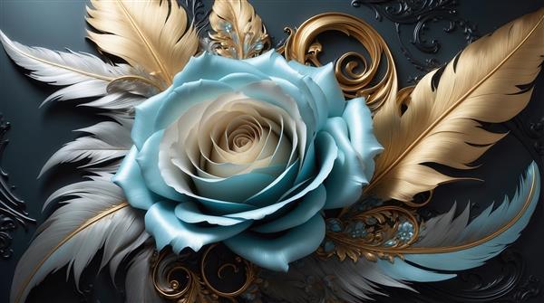 عکس رز آبی و پرهای طلایی و نقره‌ای برای دکوراسیون