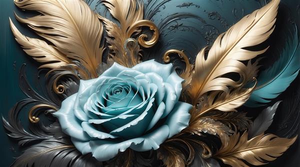 تصویر گل رز آبی روشن و پرهای طلایی برای تابلو