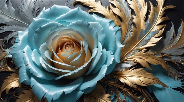 عکس رز فیروزه‌ای بزرگ و پرهای طلایی برای پوستر دیواری