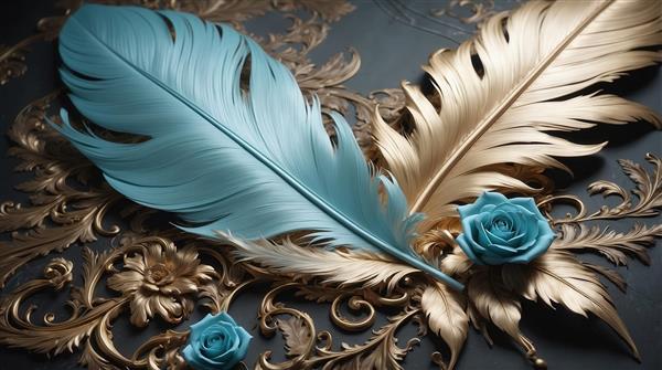 طرح پرهای آبی و طلایی با گل رز کوچک دکوراتیو